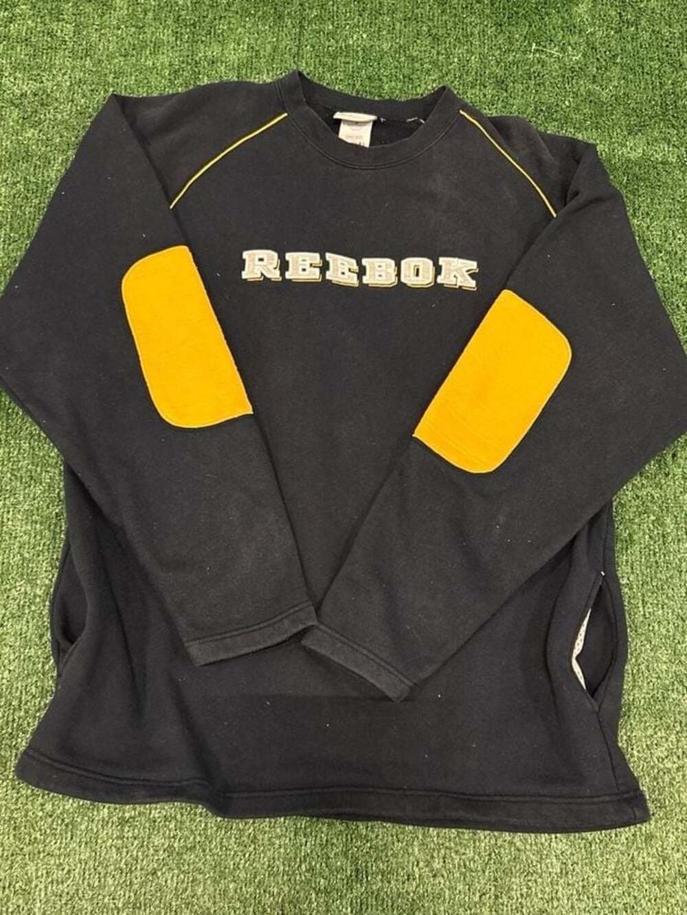 Vintage 90s Reebok Crewneck Sweatshirt Navy Yellow Elbow Patches Spellout Logo